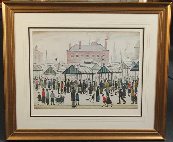 § After Lawrence Stephen Lowry (1887-1976) Market scene, overall 20 x 25in.